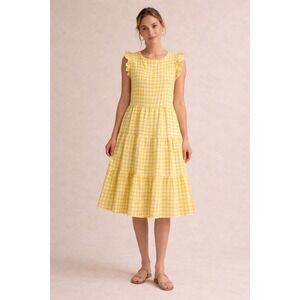 Womens Small Yellow Gingham Midi Dress Tiered Lined Prairie Coastal Grandmother